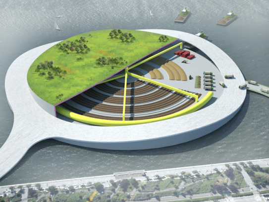 An artist's visualisation of a compost park on the Hudson River, Manhattan (source: presentarchitecture.com)