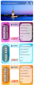The three versions of Istanbul's contactless municipal ID card, each with a different fare level. source: IETT